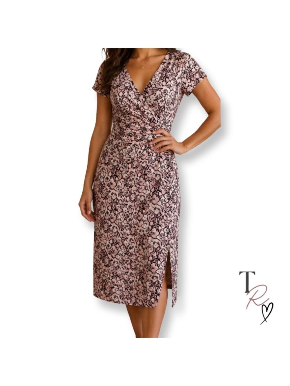 BCBGMaxAzria Black with Pink Floral Faux Wrap Midi Work Career Dress Size Medium
